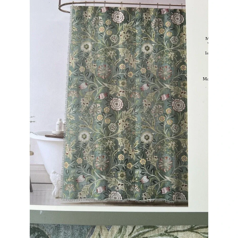 William Morris & Co Wilhemina Shower Curtain Green Floral Boho Textured Fabric